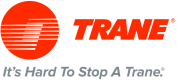 Trane logo with slogan It's Hard to Stop a Trane, in red and gray text.